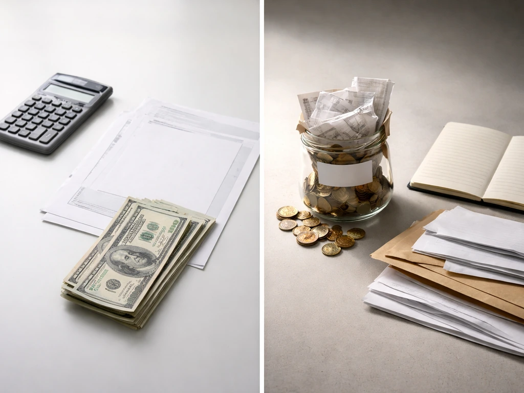 Split view of a calculator with tax documents and a simple savings and debt balance scene, showing net worth shifting
