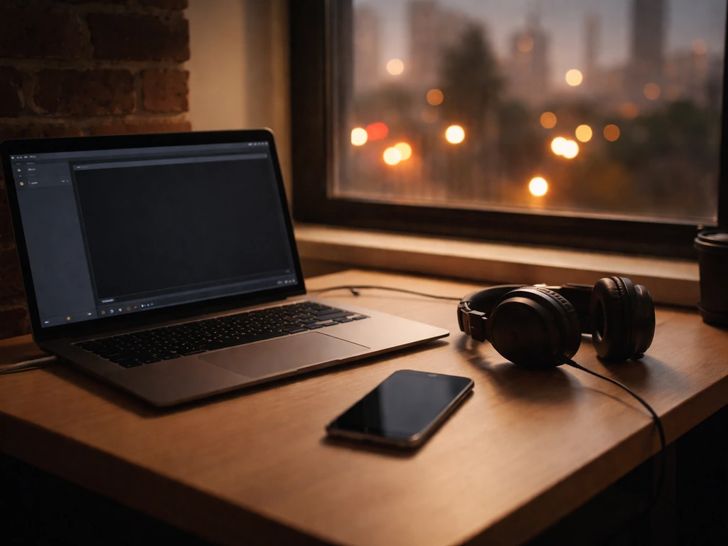 Minimal photo of a music studio setup with a smartphone and headphones, symbolizing a Los Angeles rapper profile