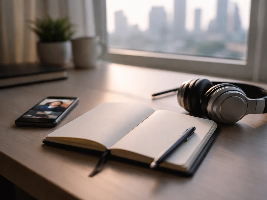 Minimal home office desk with smartphone and headphones suggesting media-data net-worth estimation.