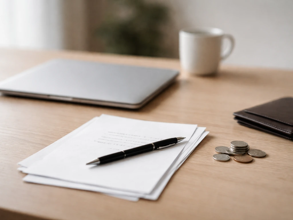 Minimal desk scene with a closed laptop, coffee, and scattered documents suggesting verified vs estimated info.