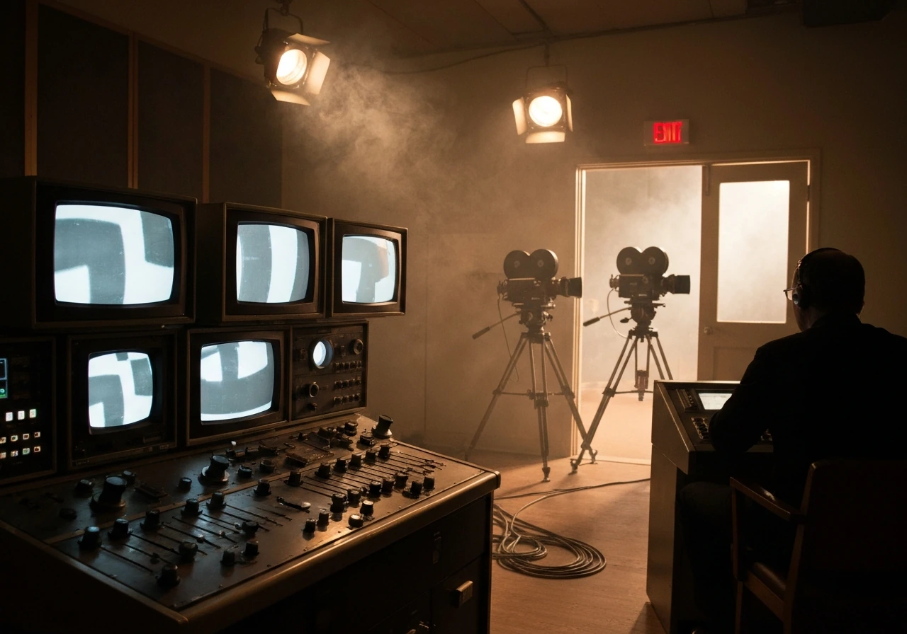 1950s TV control room with vintage monitors and a technician working at a switchboard console