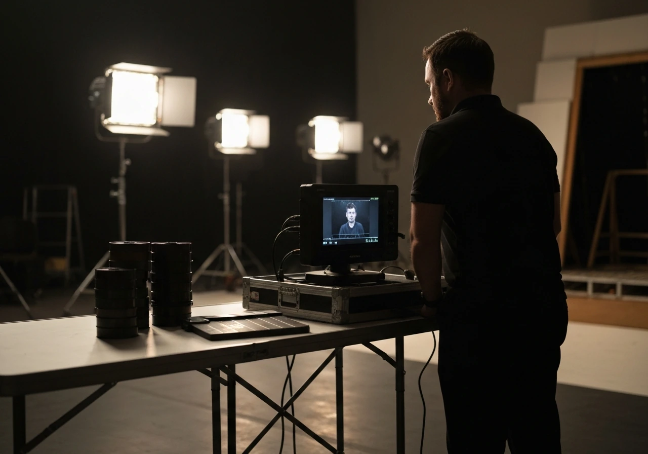 Anonymous director at a film monitor with 35mm canisters and a closed clapperboard on a quiet set.