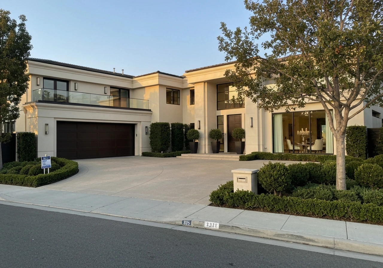 Luxury Beverly Crest-style home exterior at golden hour, driveway and manicured landscaping, empty scene.