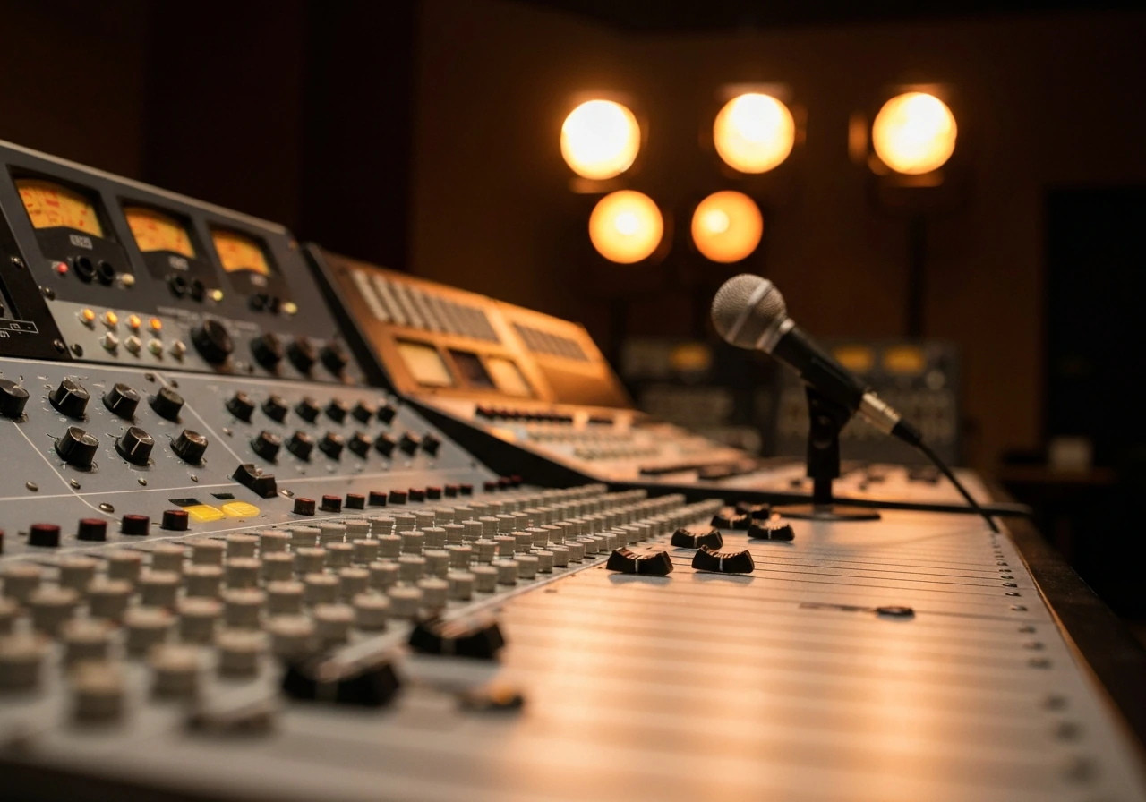 Minimal 1970s TV studio control room with vintage console and microphone, no people.