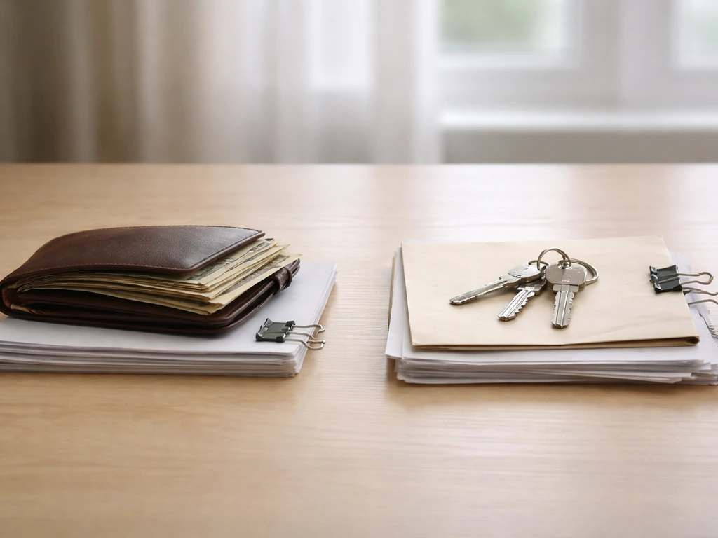 Minimal desk scene contrasting wallet and cash with clipped paperwork and an envelope to suggest assets vs liabilities.