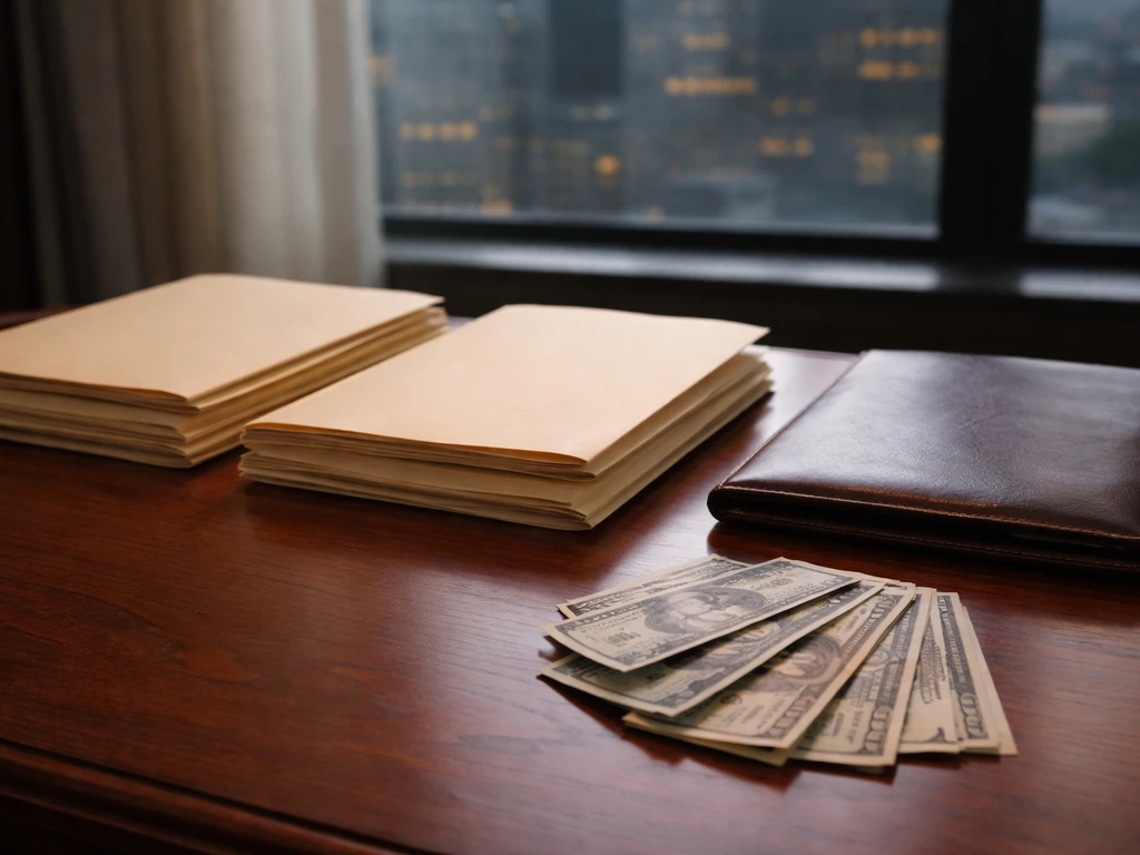 Three stacked office folders beside cash in a dim desk setup, symbolizing wealth accumulation over phases