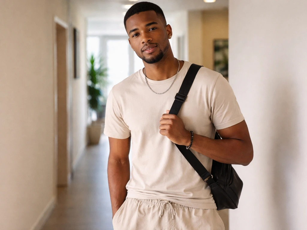 Anonymous young man in a bright BBNaija-style house hallway, casual and in focus.