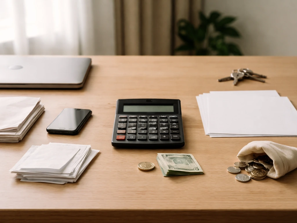 Minimal desk scene with calculator, receipts, and money symbols suggesting assets minus liabilities.