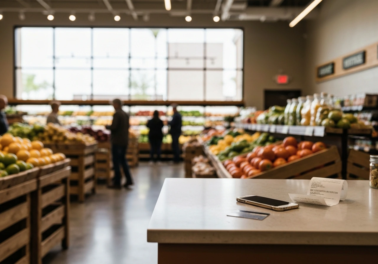 Natural grocery store scene with organic produce and a smartphone and receipt on a checkout counter, no visible text.