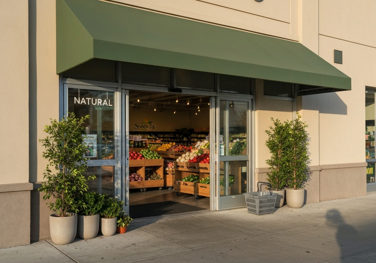 Sunlit natural grocery entrance with produce shelves and a basket outside, suggesting an organic grocery co-founder.