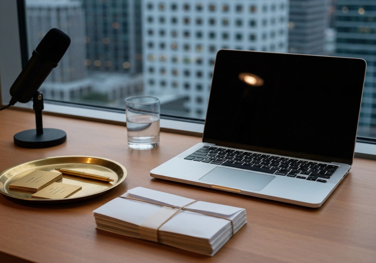 Luxury office desk with laptop, microphone, and neatly stacked cash envelopes in soft evening light.