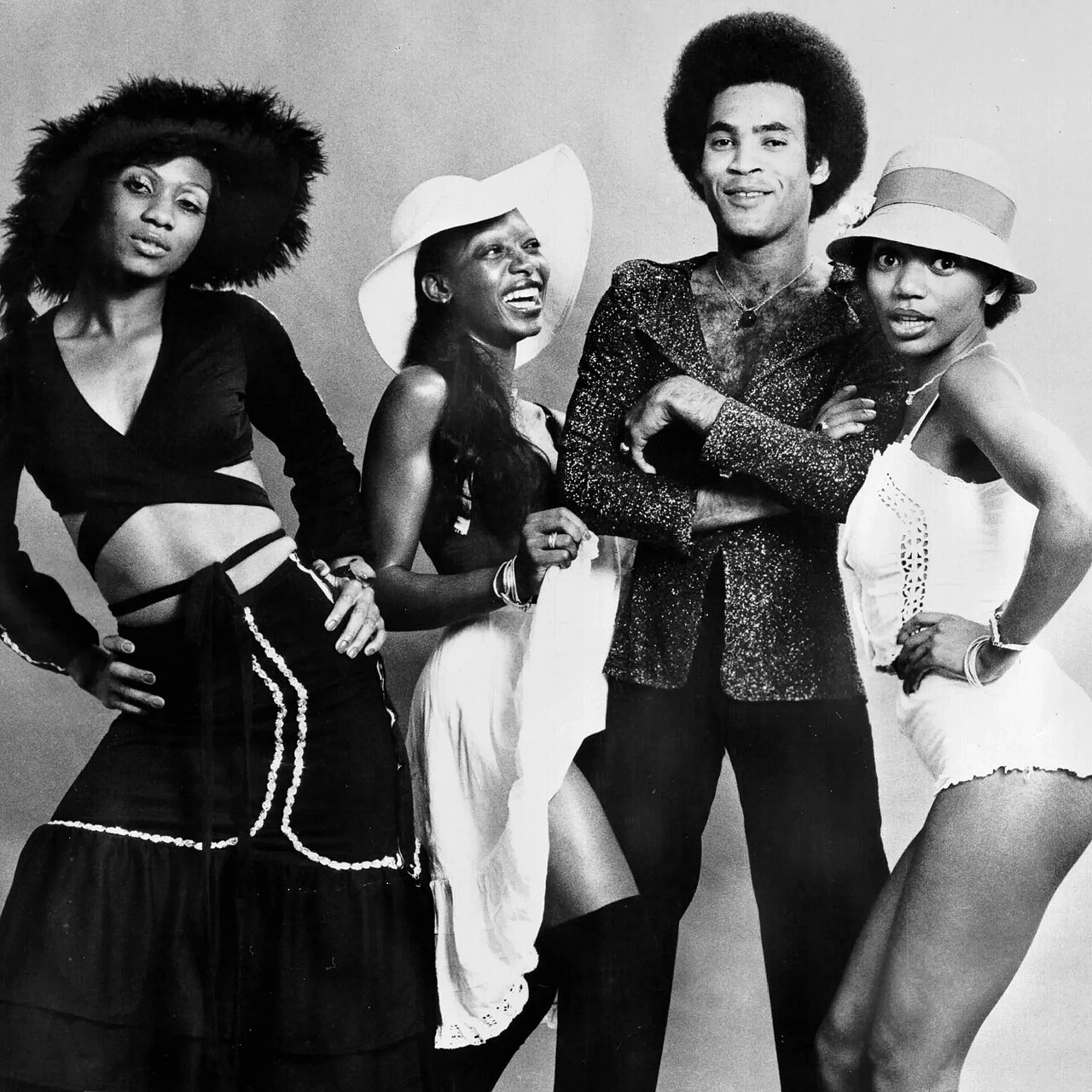 Boney M. studio publicity photo showing the group posed together in black-and-white.