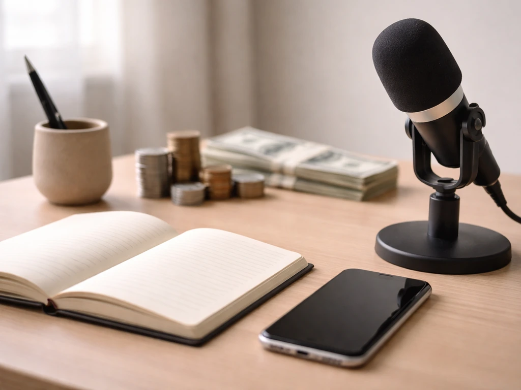Anonymous podcast/office desk with microphone, coins, and blank notebook for a money-estimate quick look