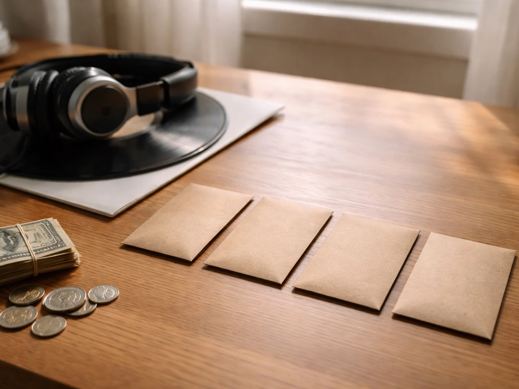 Minimal desk scene showing separate envelopes with cash, vinyl record, and headphones as royalty income symbols.