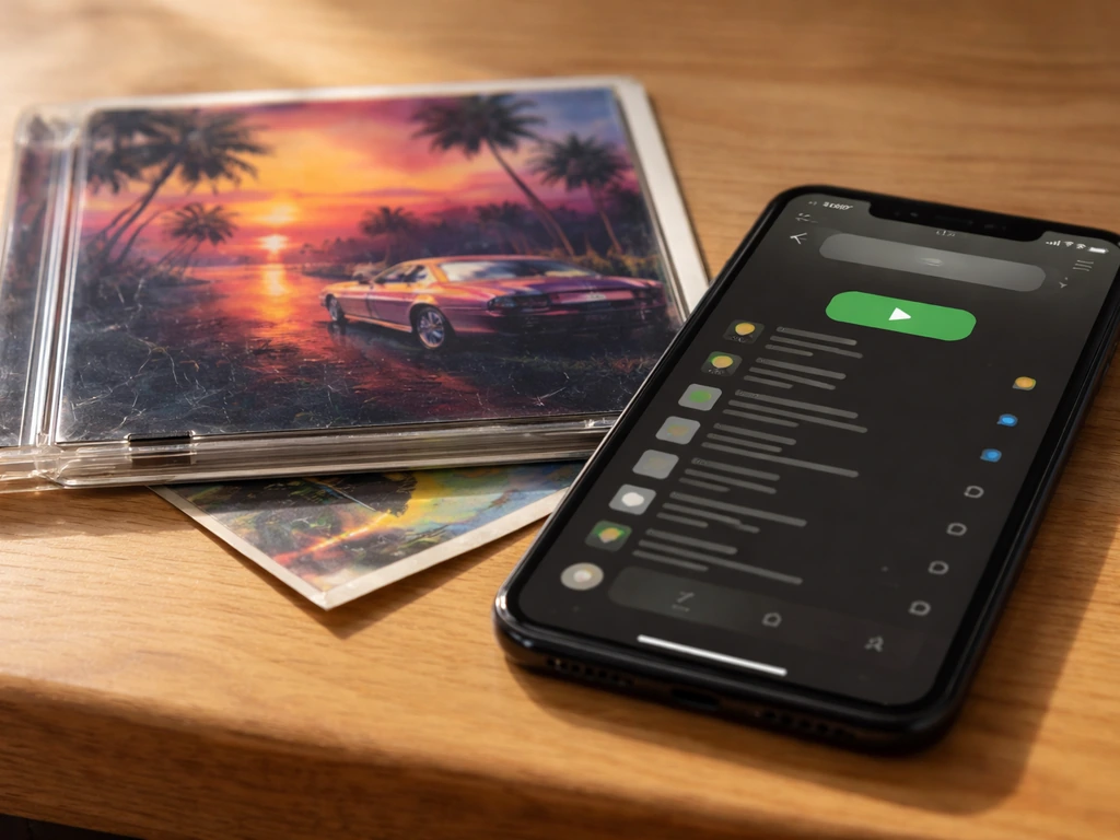 Close-up of a CD jewel case and smartphone streaming playlist interface on a wooden table.
