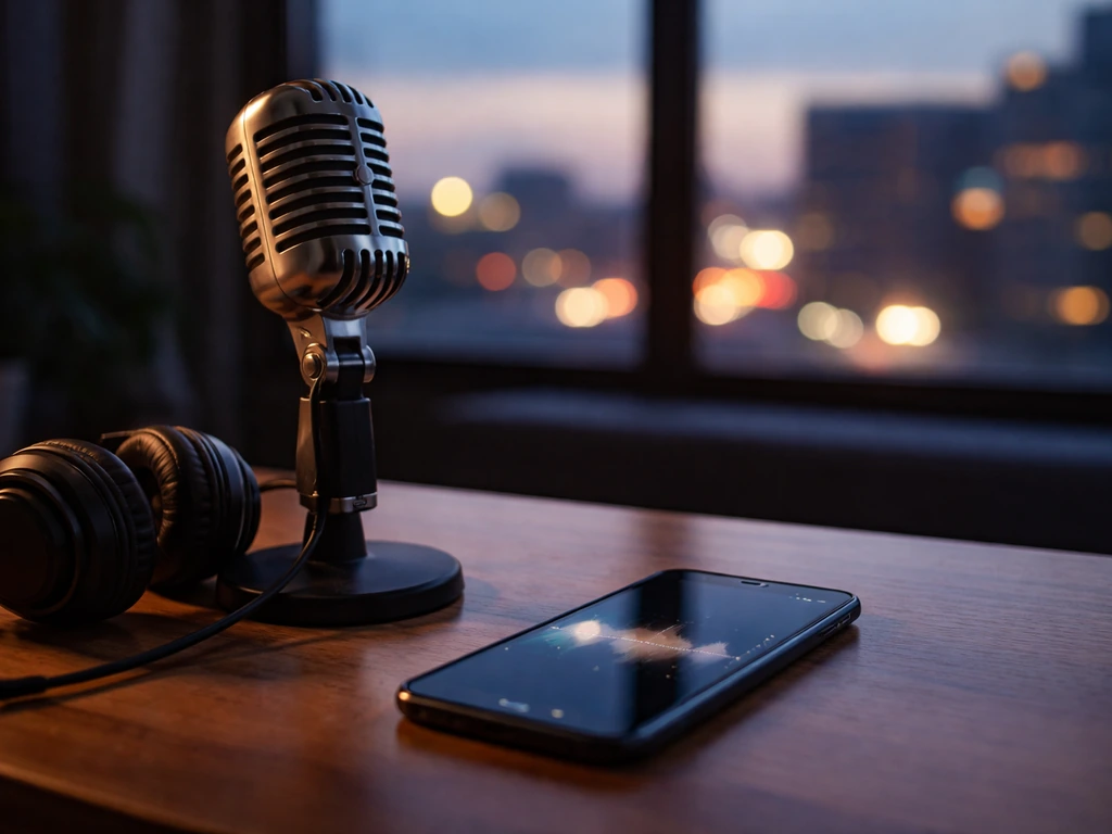 Microphone and smartphone on a home studio desk with city bokeh behind, suggesting music synchronization use.