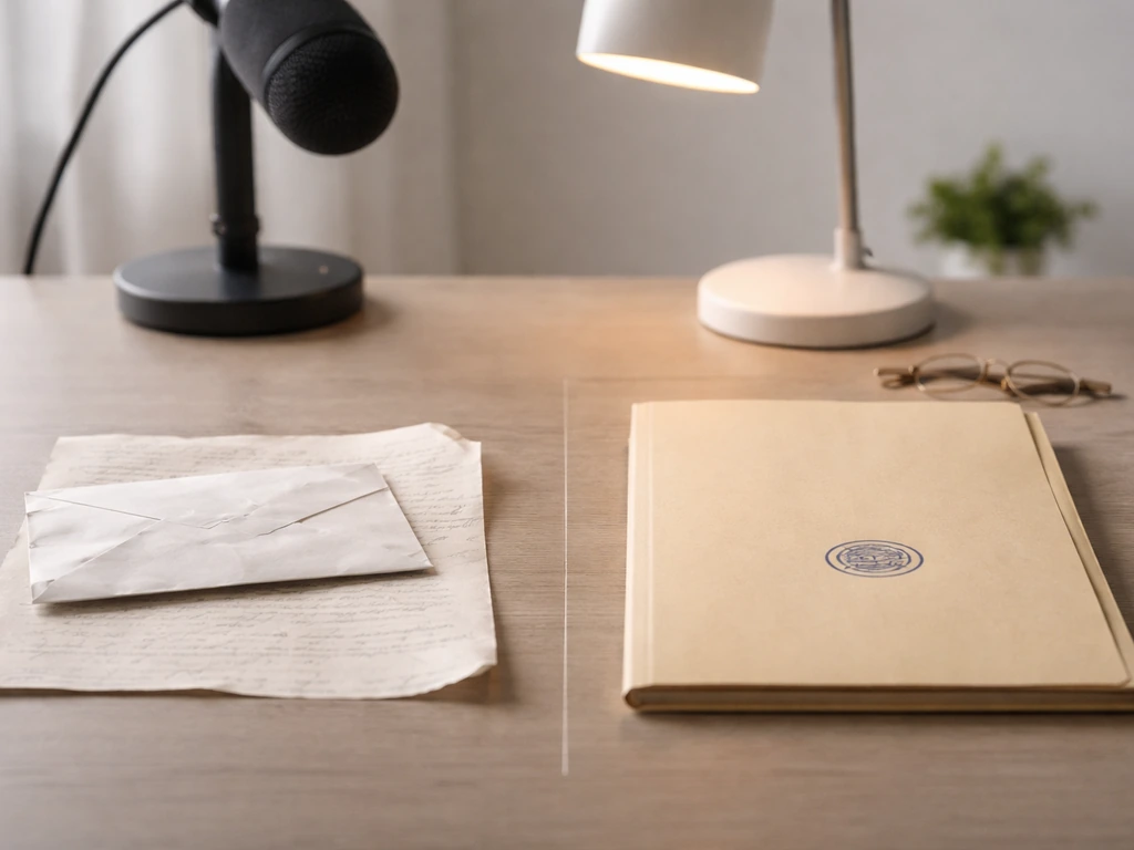 Minimal desk scene with crumpled envelope and stamped folder beside coins, symbolizing rumors vs verified figures.