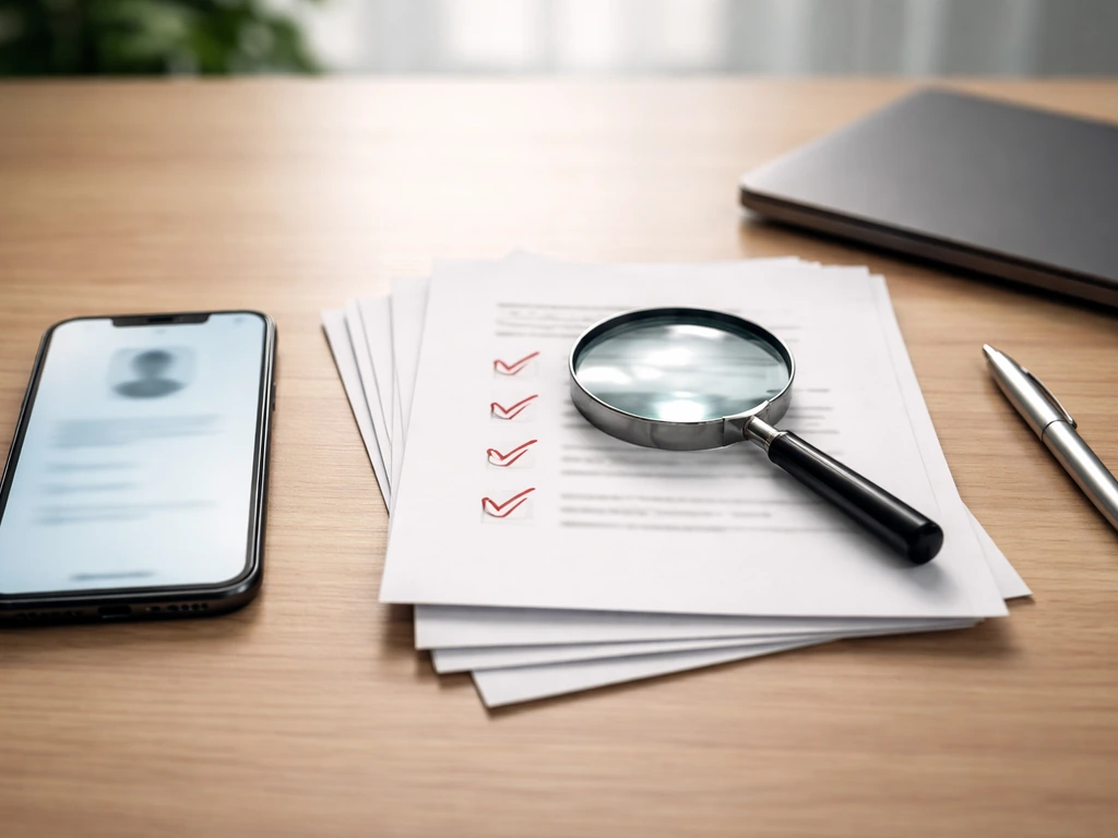 Minimal checklist-like scene with anonymous smartphone and money papers for identity verification