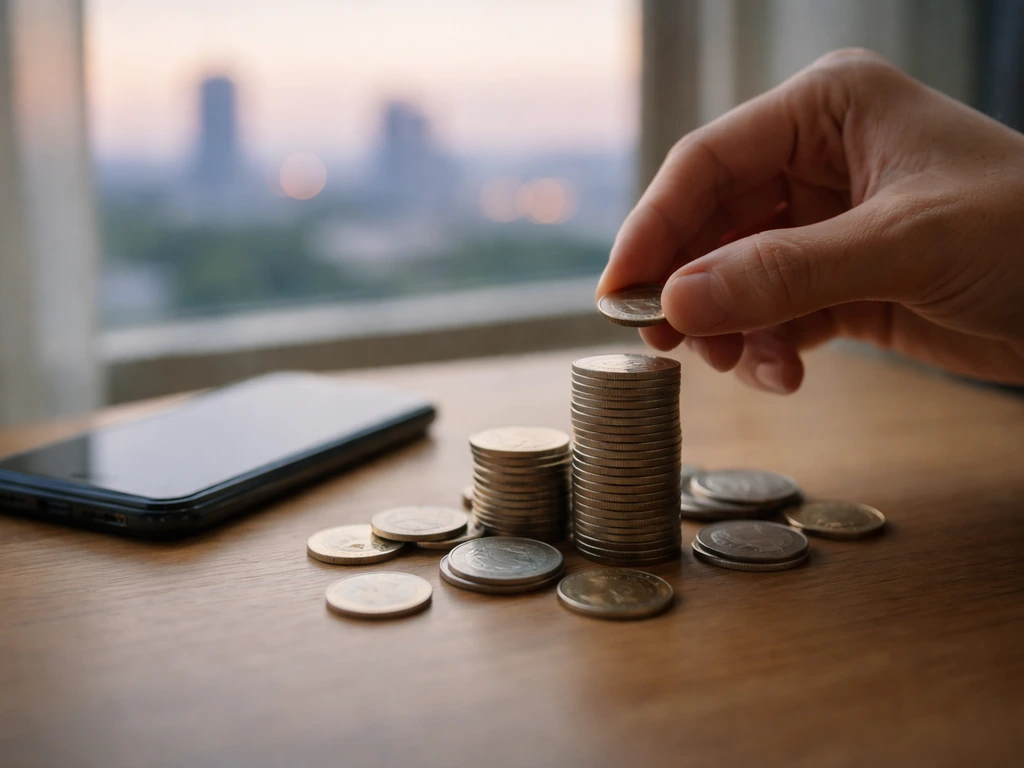Hands placing coins beside a smartphone, with soft skyline light suggesting growing earnings over time.