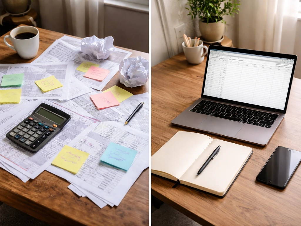 Minimal desk scene showing questionable finance research materials beside a clean organized workspace