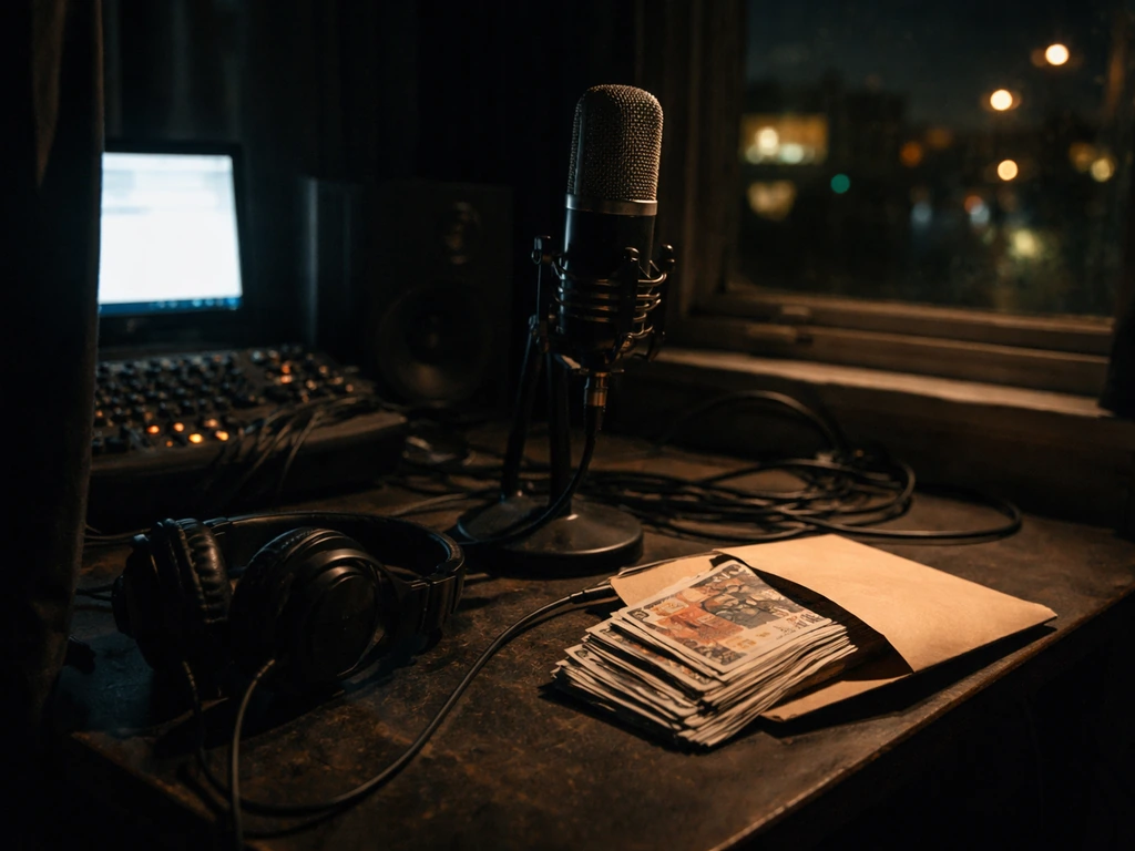 Close-up of a grime studio microphone and headphones with a plain envelope of cash on the desk.