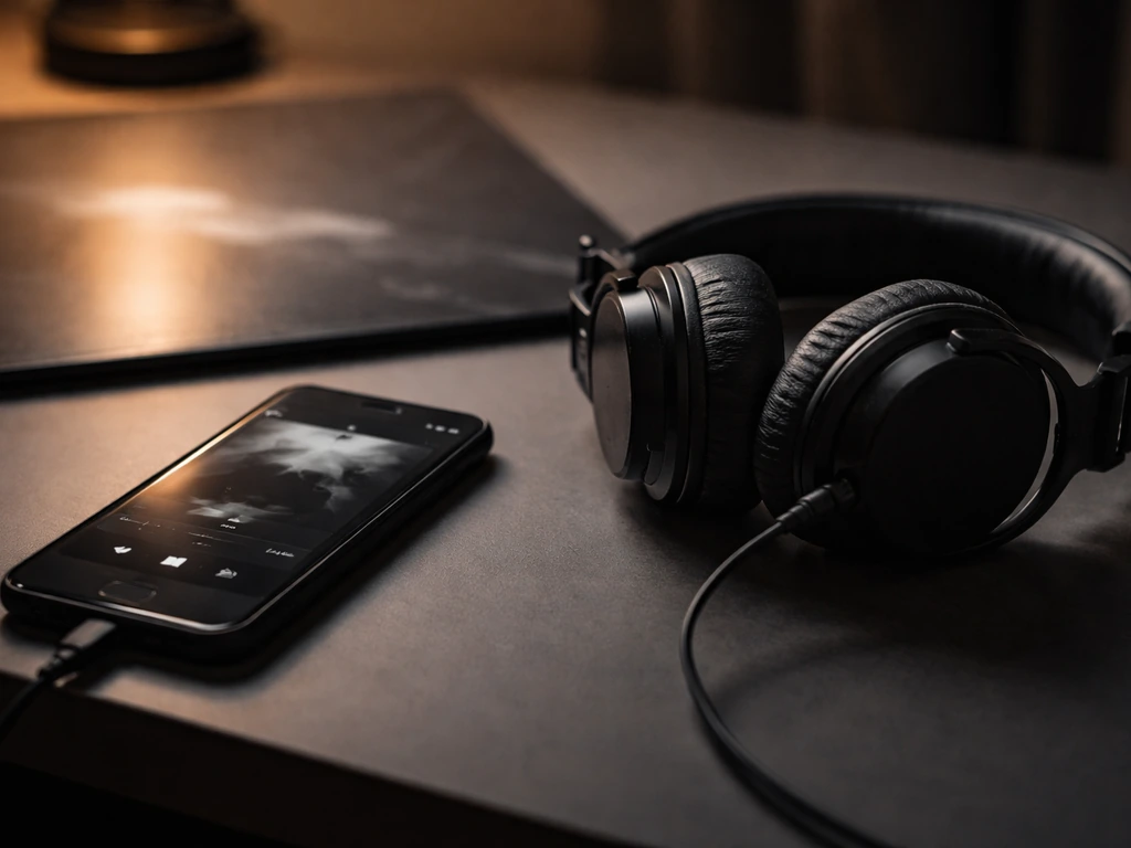 Smartphone and studio headphones on a desk with a vinyl sleeve in the background, symbolizing music streaming.