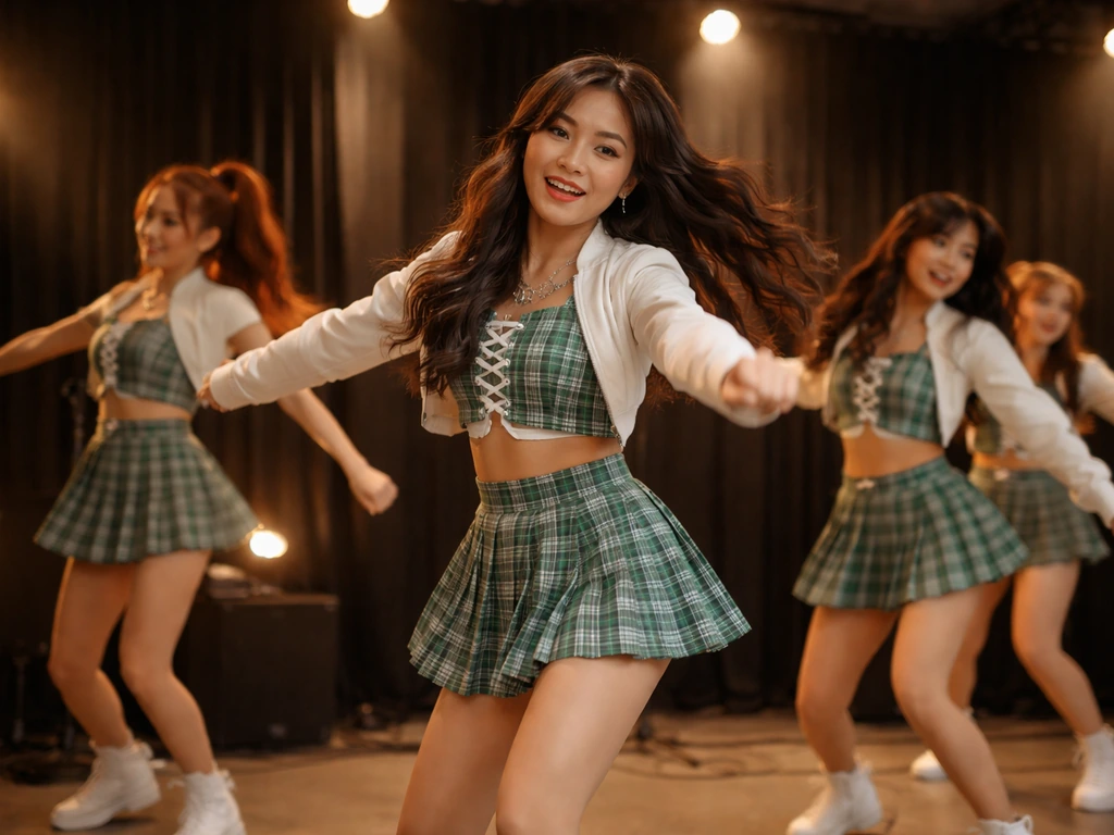 BINI-inspired performers mid-dance on a small stage with warm lights and a blurred background.