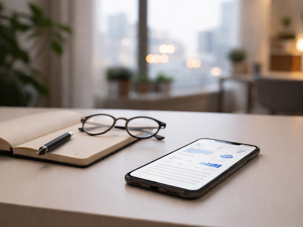 Smartphone and blank notebook on a desk with studio and city-light blur in the background, symbolizing checklist cross-c
