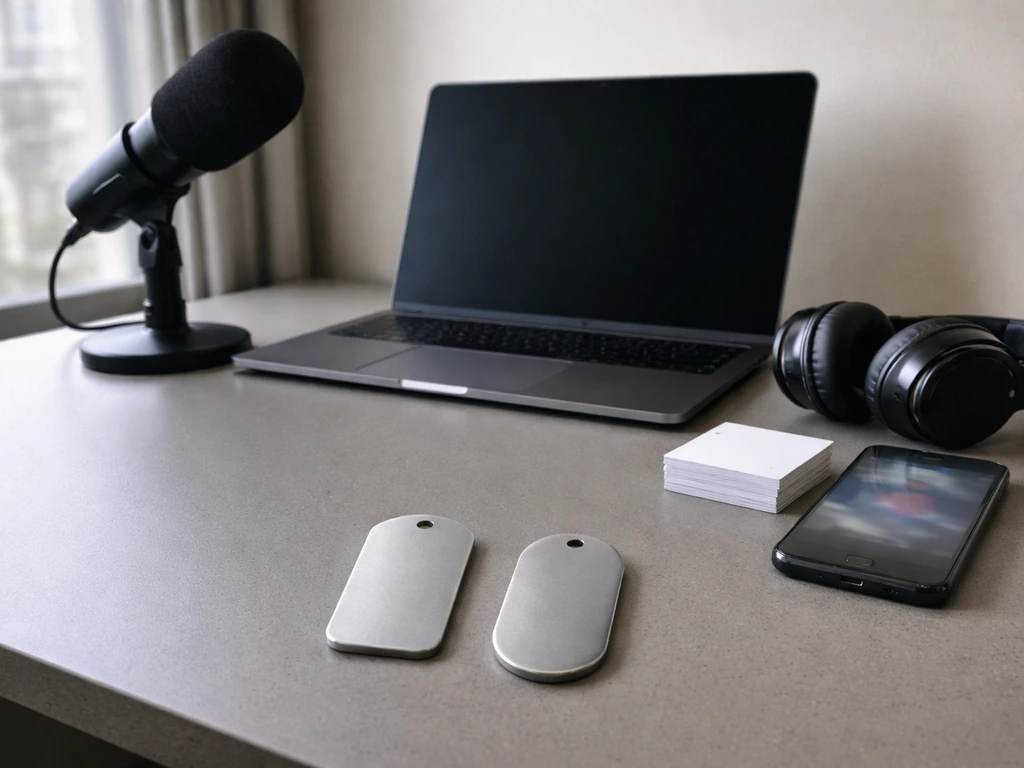 Minimal desk scene with microphone, headphones, and blurred tech items symbolizing name-handle confusion.
