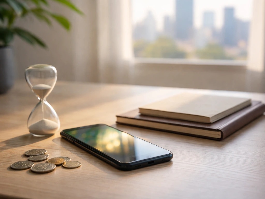 Minimal office desk with a single smartphone showing blurred finance imagery, symbolizing net worth change over time