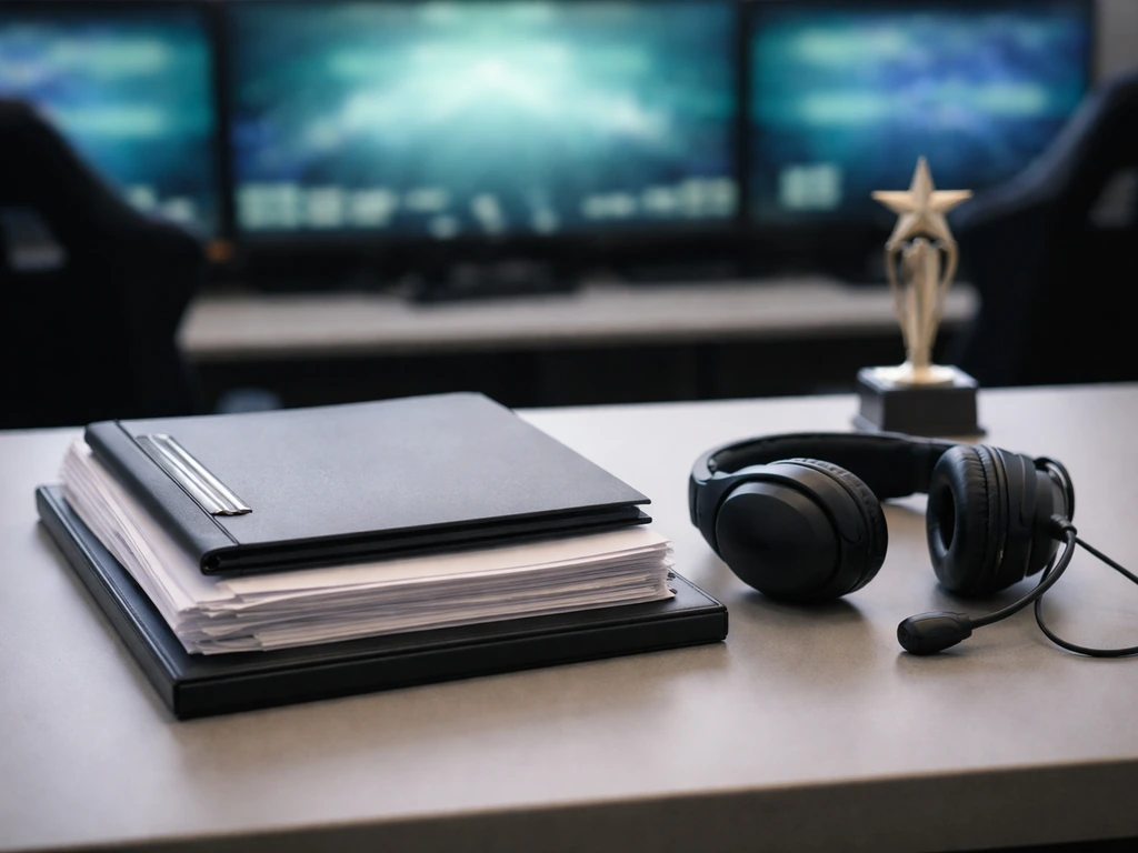 Anonymous esports finance scene: contract folders and a headset on a team desk with a soft gaming backdrop.