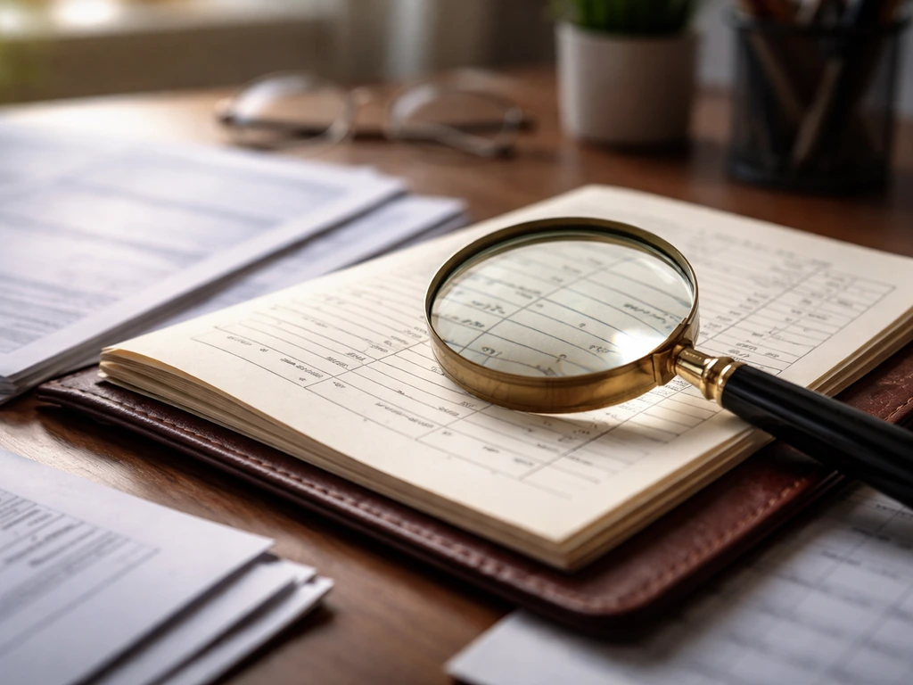 Close-up of financial documents and ledger with a magnifying glass hovering over net-worth categories