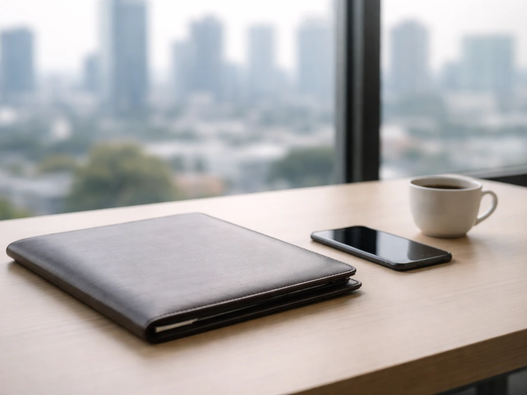 Minimal office desk with a closed portfolio and phone, city skyline softly blurred in the background.