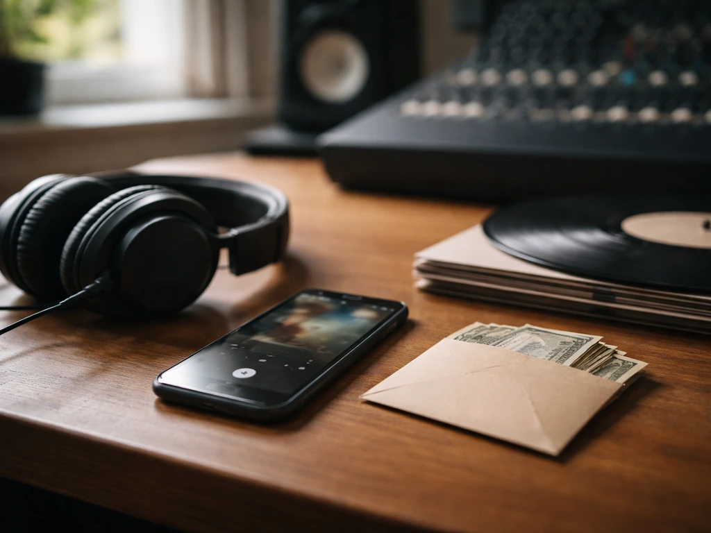 Headphones and vinyl on a studio desk beside an envelope with cash, symbolizing music royalties.