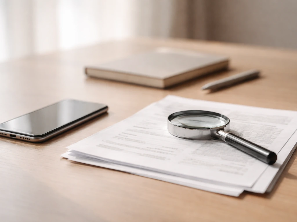 Desk scene with magnifying glass and documents beside a smartphone, symbolizing evidence cross-checking.