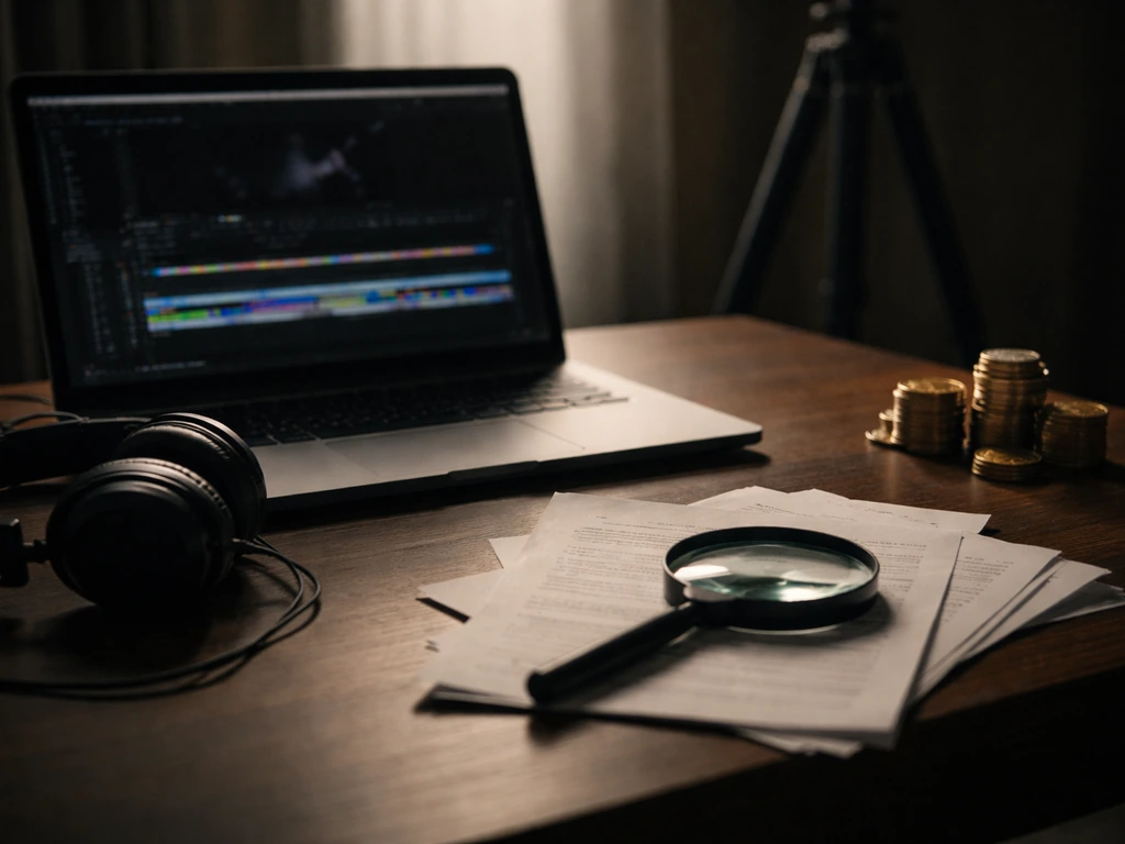Minimal studio desk with headphones, blurred editing laptop, reference notes, and coins, symbolizing evidence-based weal