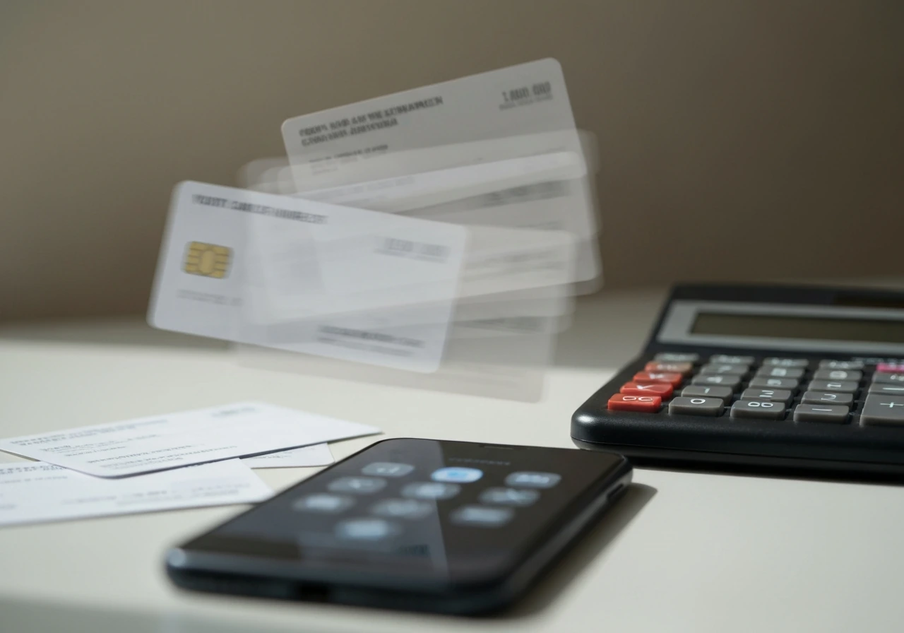 Overlapping blurry money estimate cards and a calculator on a desk to suggest messy net-worth searches