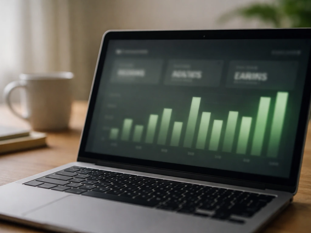 Close-up of a laptop showing a generic earnings analytics dashboard with blurred numbers and revenue bars.