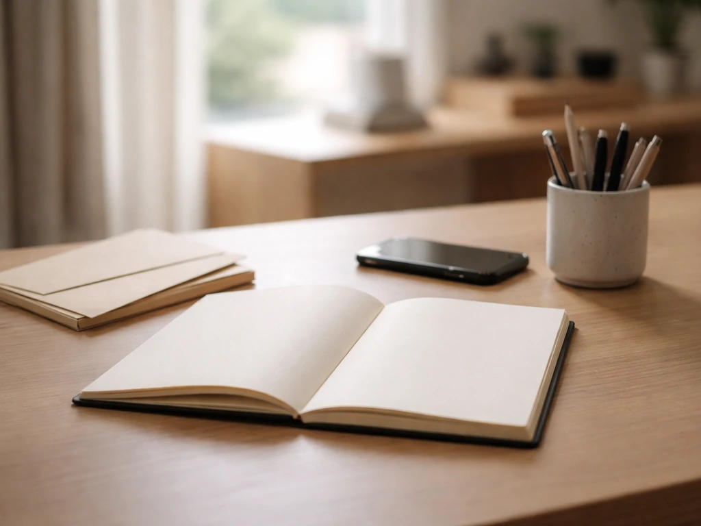 Minimal desk scene with envelopes and a notebook suggesting income ranges and accumulated totals