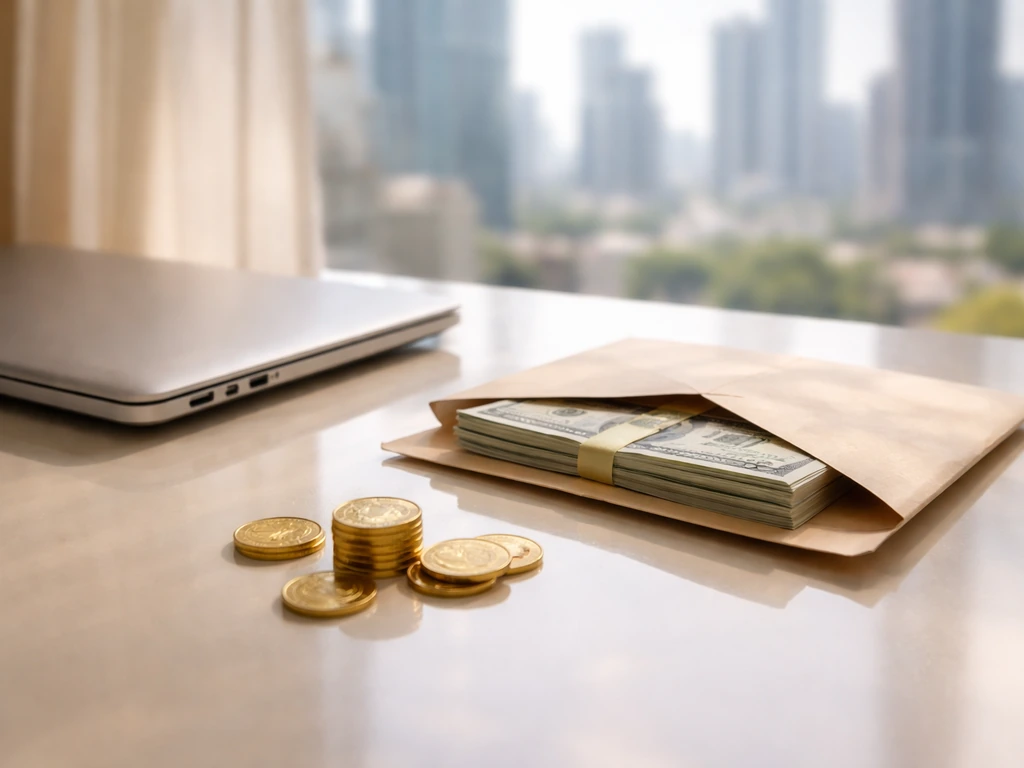 Minimal photo of a luxury desk with a closed laptop, cash envelope, and scattered gold coins symbolizing net worth range