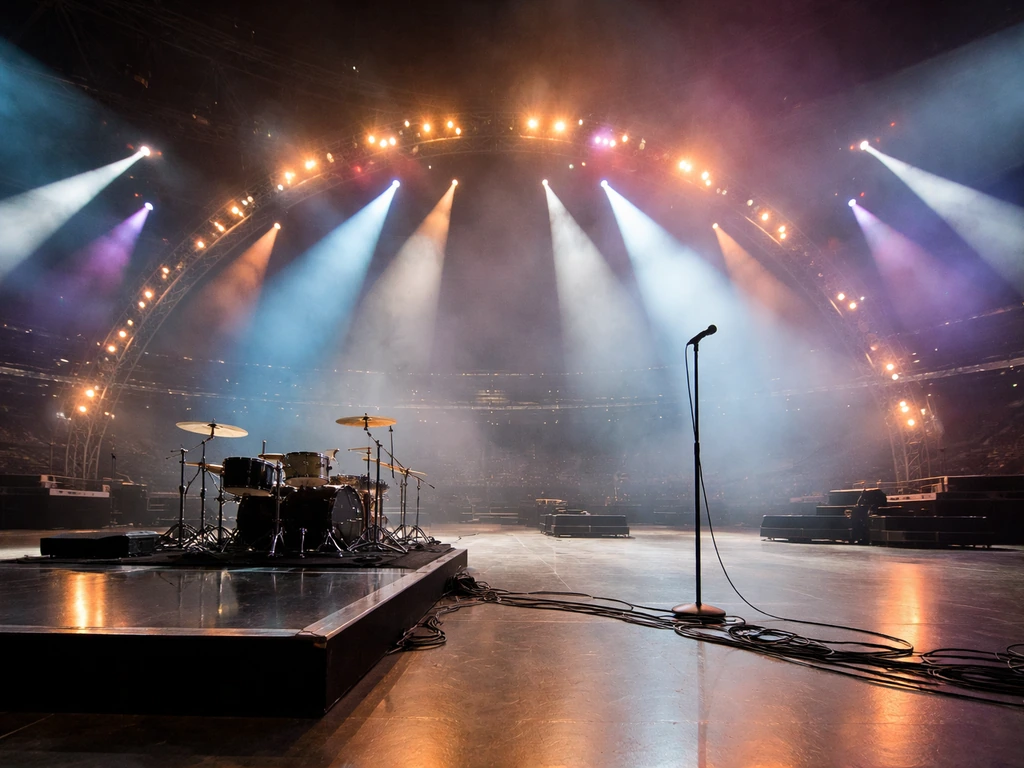 Stadium concert stage with dramatic colored lights and haze, no performer, emphasizing big touring scale.