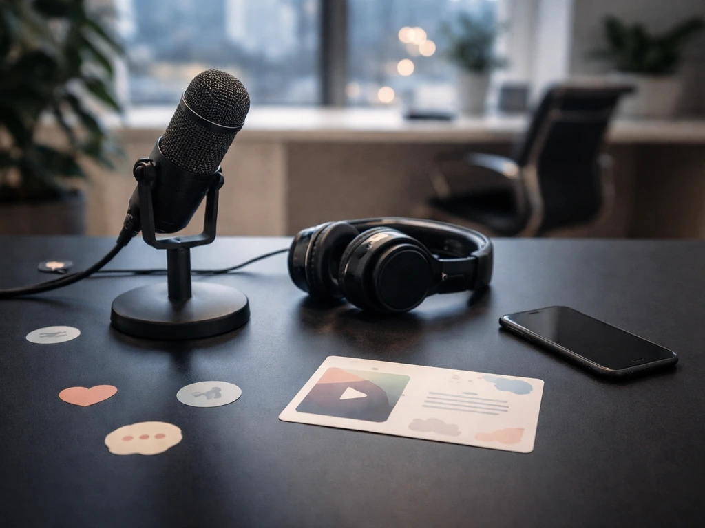Minimal desk scene with a microphone, studio gear, and a few generic badge shapes symbolizing brand deals.