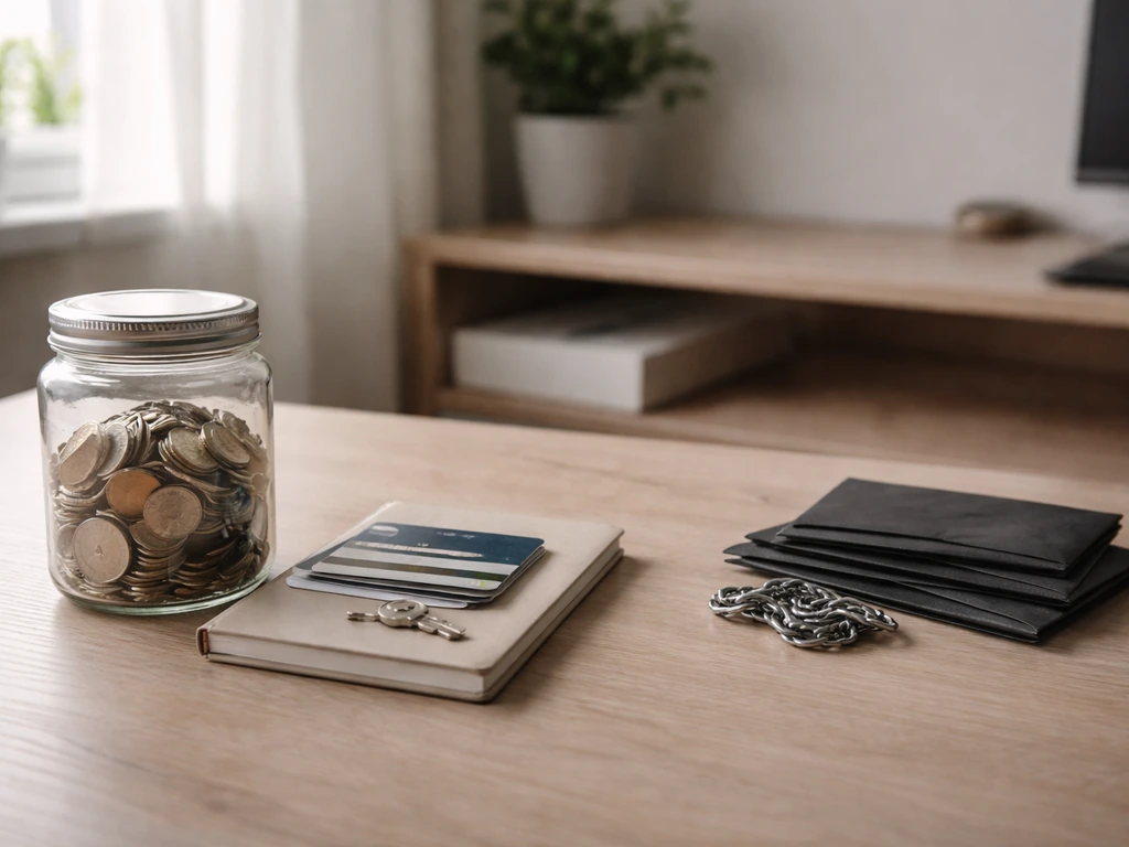Minimal home-office desk scene with coins and key beside dark envelopes to suggest assets minus debts.