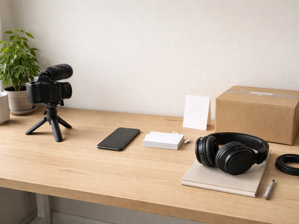 Minimal photo of a creator desk with a camera, smartphone, and neatly arranged items suggesting ad, sponsorship, and aff