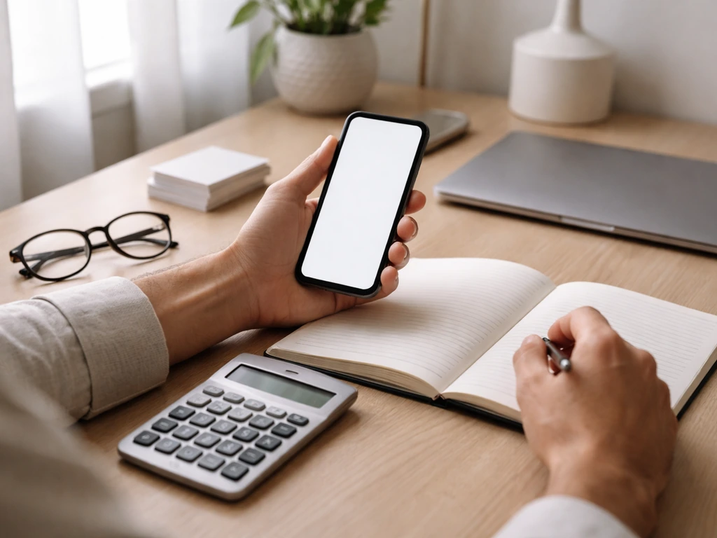 Minimal photo of a finance analyst at a desk with a smartphone and open notebook, symbolizing revenue modeling