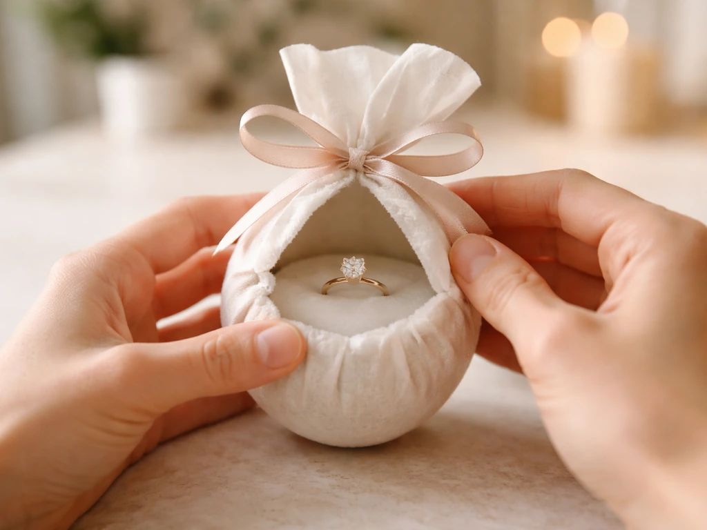 Anonymous hands reveal a ring from a small jewelry bomb package on a neutral tabletop.