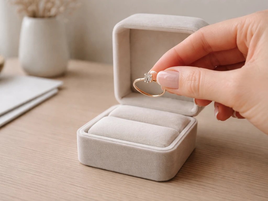 Close-up of a ring with a small jewelry box and a hand removing a lid on a clean desk