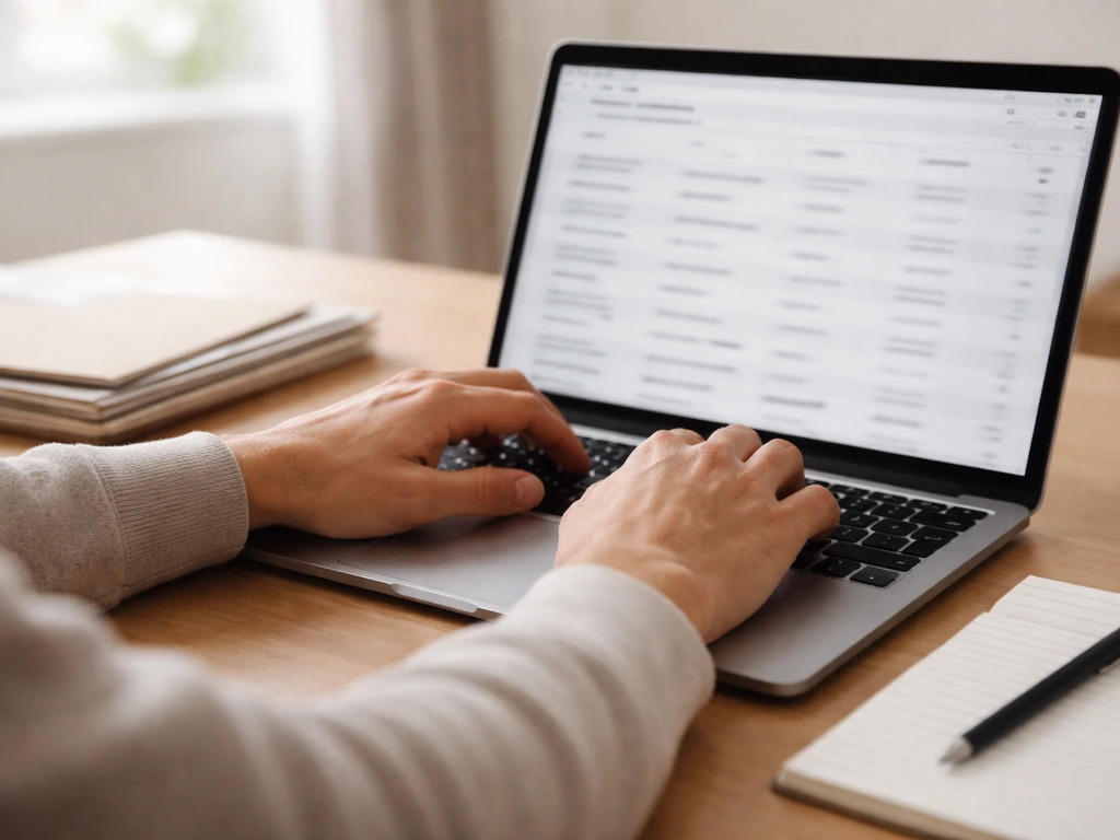 Minimal close-up of a laptop showing blurred business registry search results, symbolizing public records research.