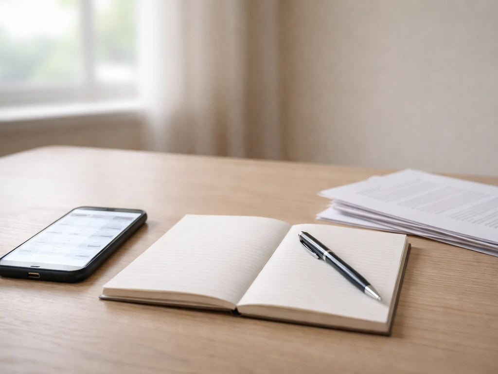 Minimal office desk with pen and notepad beside a blurred spreadsheet on a phone, suggesting estimate workflow