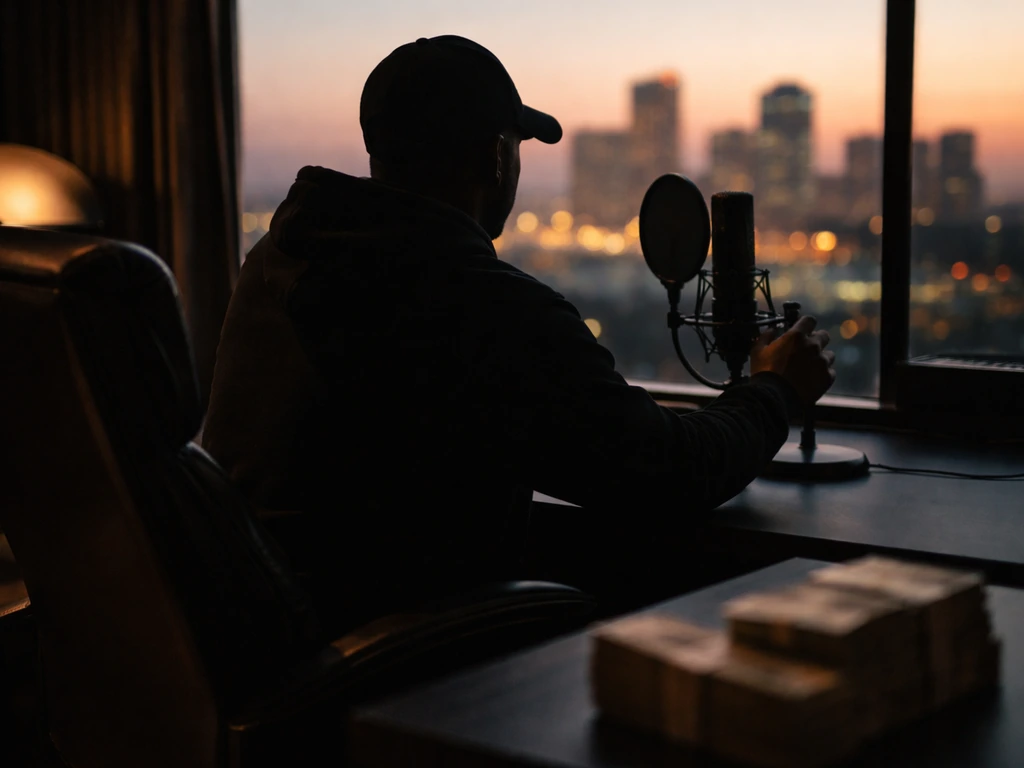 Minimal studio scene: anonymous rapper silhouette by a microphone with a city skyline glow behind, money-themed mood